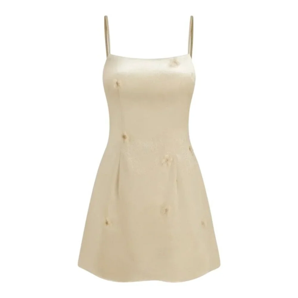 Cider Women's Size 9 Khaki Gold Mini Dress with Flowers Adjustable Straps 90s Y2 - Picture 1 of 8